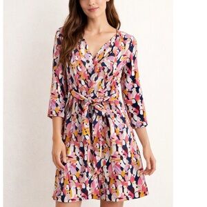 Boden Clara Parrot Bird Print V-Neck Tie Waist Dress Long Sleeve